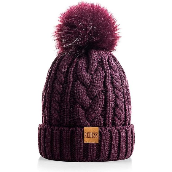Womens Winter Warm Fleece Lined Knitted Soft Ski Cuff Beanie Hat with Pom Pom - Picture 1 of 6